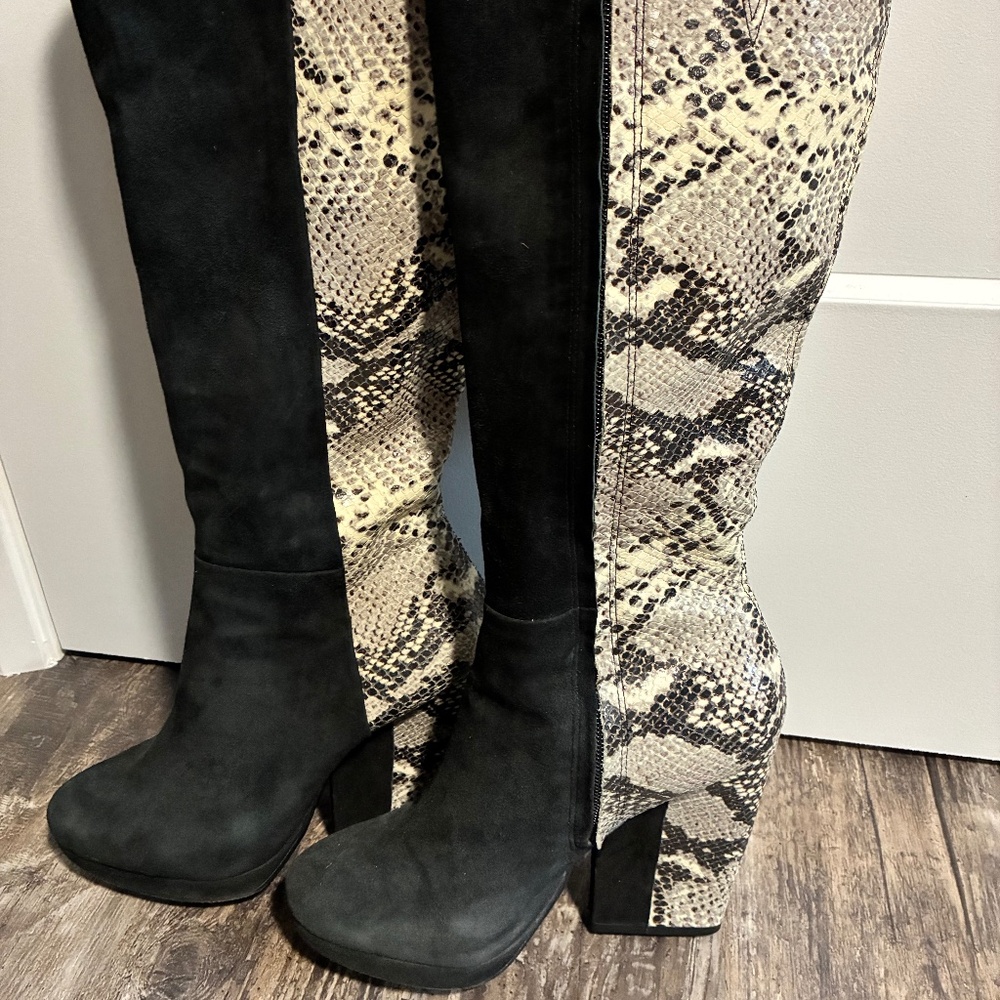 Pour La Victoire knee high snake print and suede boots